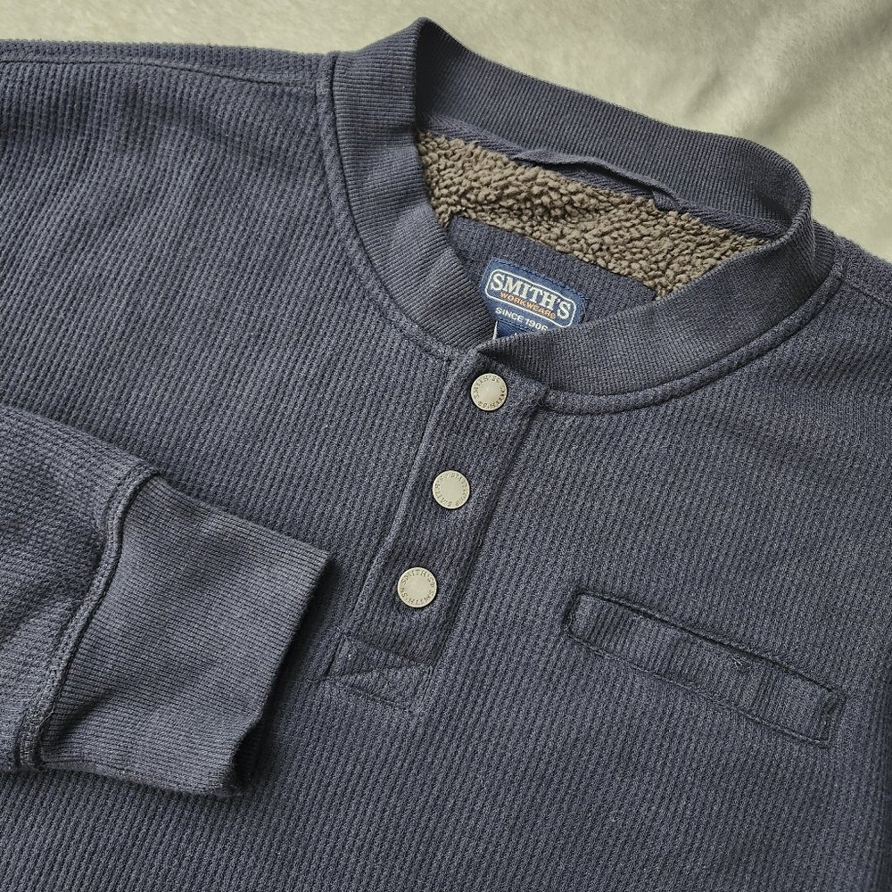 SMITH'S Workwear Mens Henley Shirt Navy Blue Sherpa Lined Thermal Long Sleeve XL